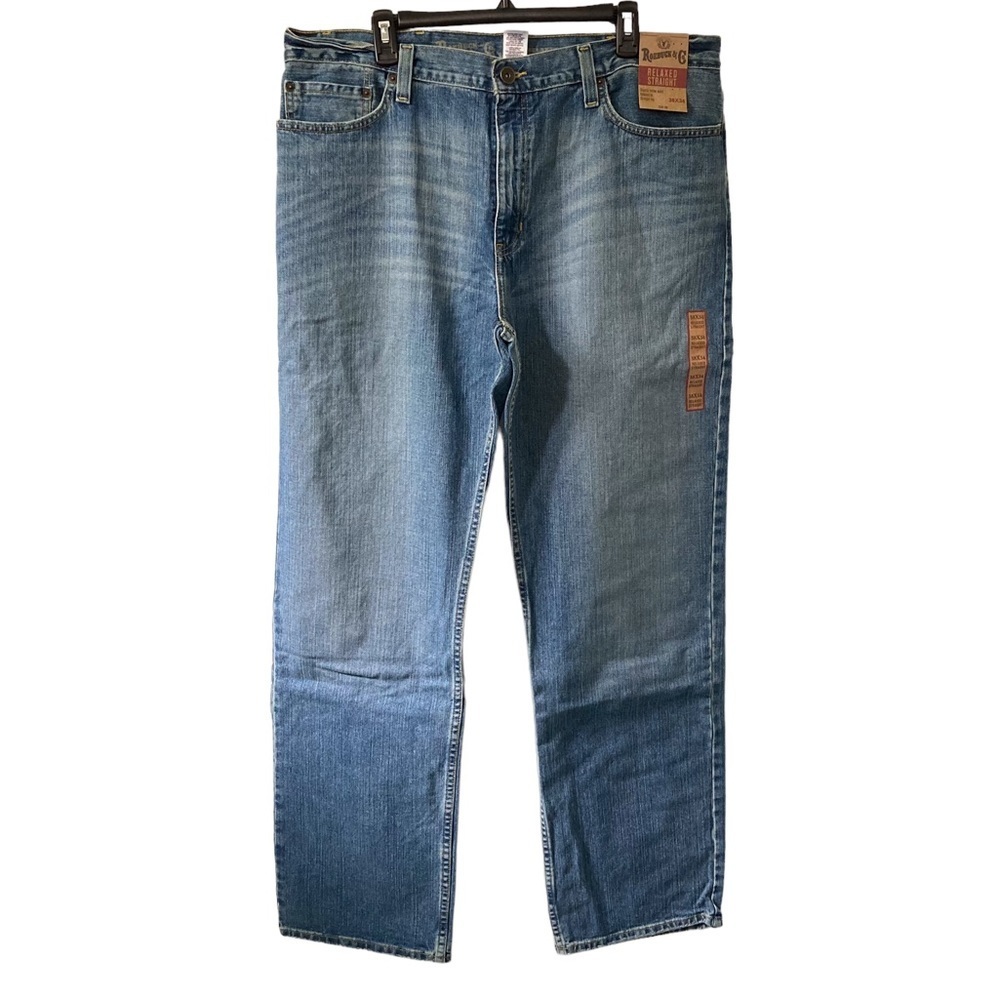 Roebuck & Co men’s light wash blue relaxed straight jeans 38x34
